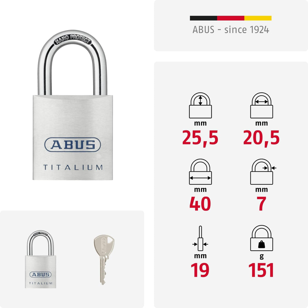 ABUS Titalium Vorhängeschloss 80TI/40 gl.-8012 - gleichschliessend - Kellerschloss mit leichtem, mas