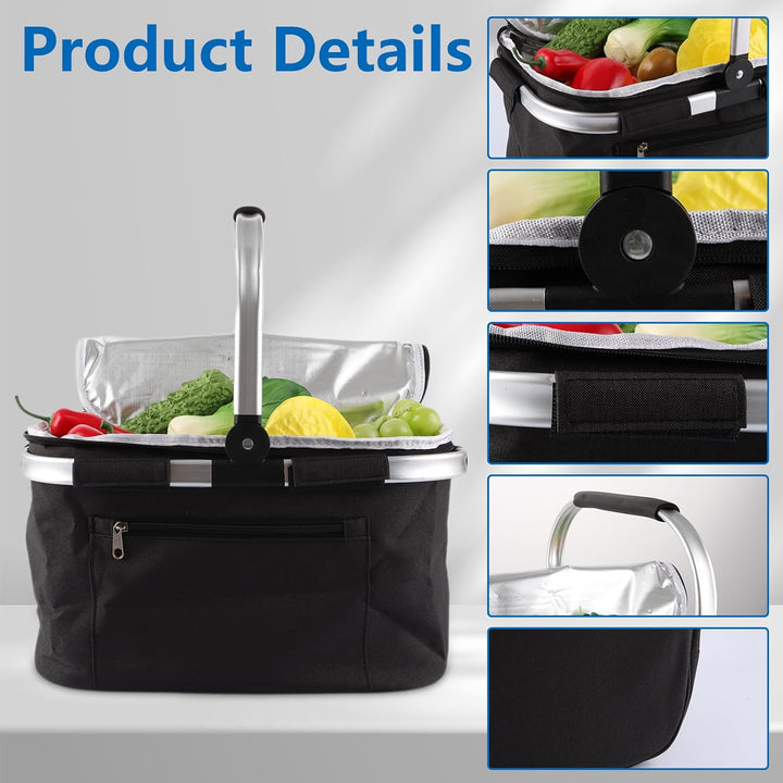 VIDETOL Einkaufskorb Faltbar, 33L Kühltasche Picknickkorb Gross, Schwarze Kühlkorb mit Deckel und Al