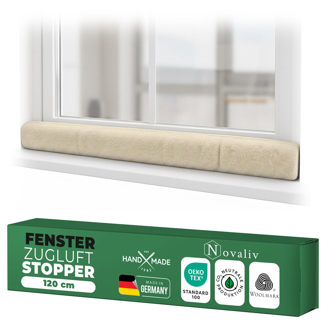 Zugluftstopper für Fenster 120cm Natur Schurwolle – stoppt Zugluft & Kälte, dämpft Lärm/Staub/Licht,