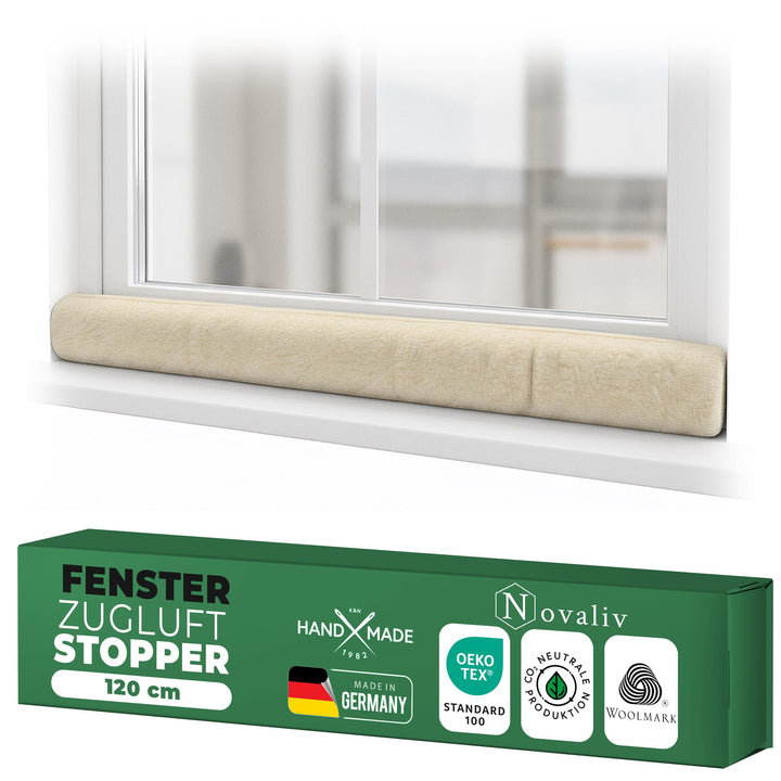 Zugluftstopper für Fenster 120cm Natur Schurwolle – stoppt Zugluft & Kälte, dämpft Lärm/Staub/Licht,