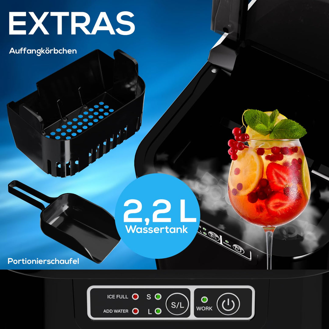 TroniTechnik® Eiswürfelmaschine Eiswürfelbereiter, Ice Maker, 12kg/24h, 2,2 Liter Wassertank, 2 Grös