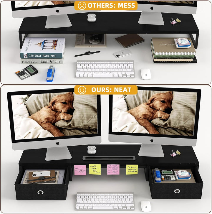 Dual Monitor Stand Riser mit 2 Schubladen - 100CM grosse Lagerung Computer Monitorständer für 2 Moni
