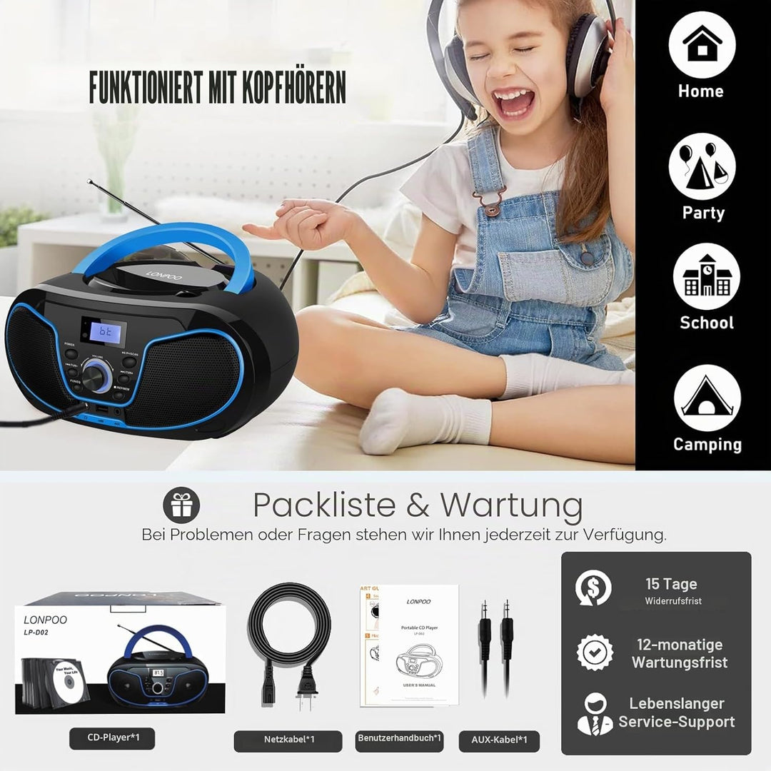 Tragbar CD Player Boombox Bluetooth - mit UKW Radio, USB Eingang & AUX & Kopfhörern Ports, 2 x 2 Wat