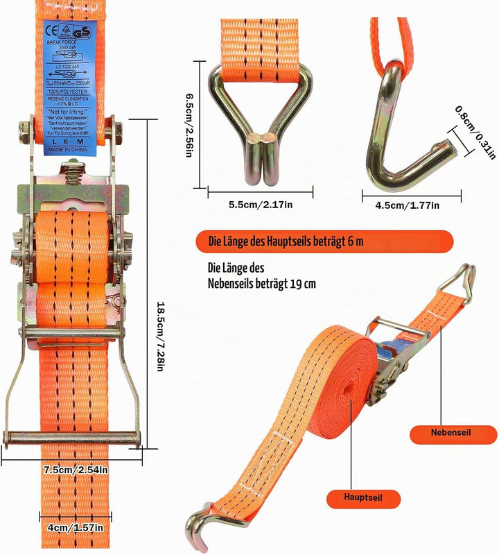 4 Set Spanngurt mit Ratsche und J Haken,3000 kg Zurrgurt Ratschengurt 6 mX40 mm,Frachtgurte für Umga