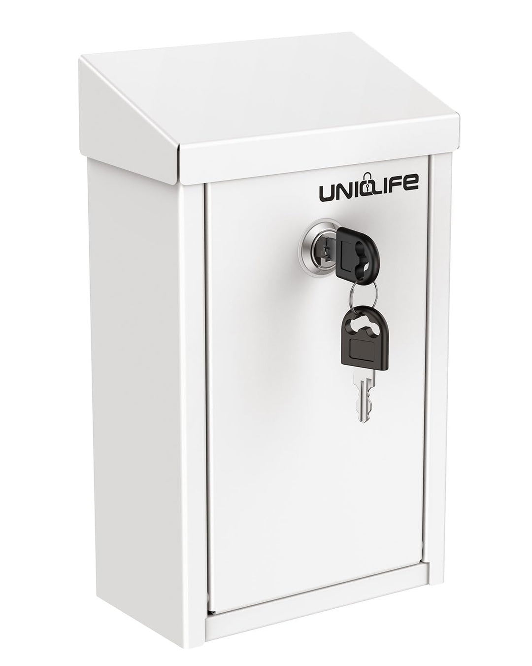 Uniclife Schlüsselkasten für den Aussenbereich, Spendenbox aus Metall in weiss mit Schlüsselschloss,