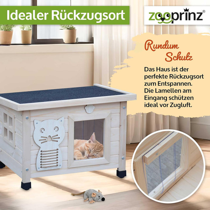 zooprinz Premium Holz Katzenhaus – Katzenkiste mit Dach zum Öffnen, Fenster und Schwingtür – Sisalba