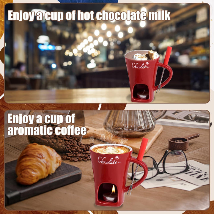 Schokoladen Fondue Becher Set, 200 ml Keramik Schokoladenfondue Tasse, Rot Schokofondue Tasse mit Ga