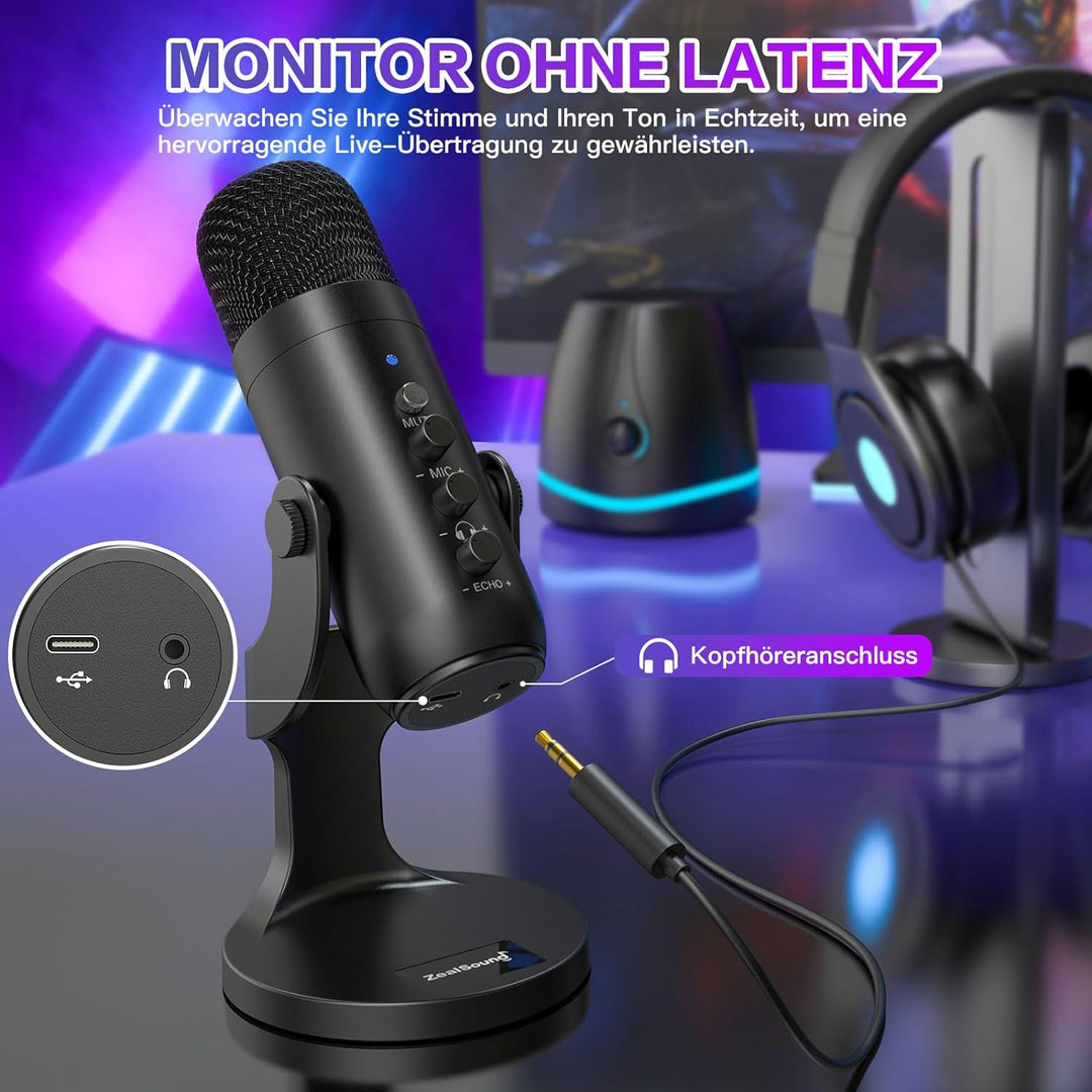zealsound USB Mikrofon, Kondensator Mikrofon für PC Handy, PS4, PS5, Microphone PC USB C für Gaming,