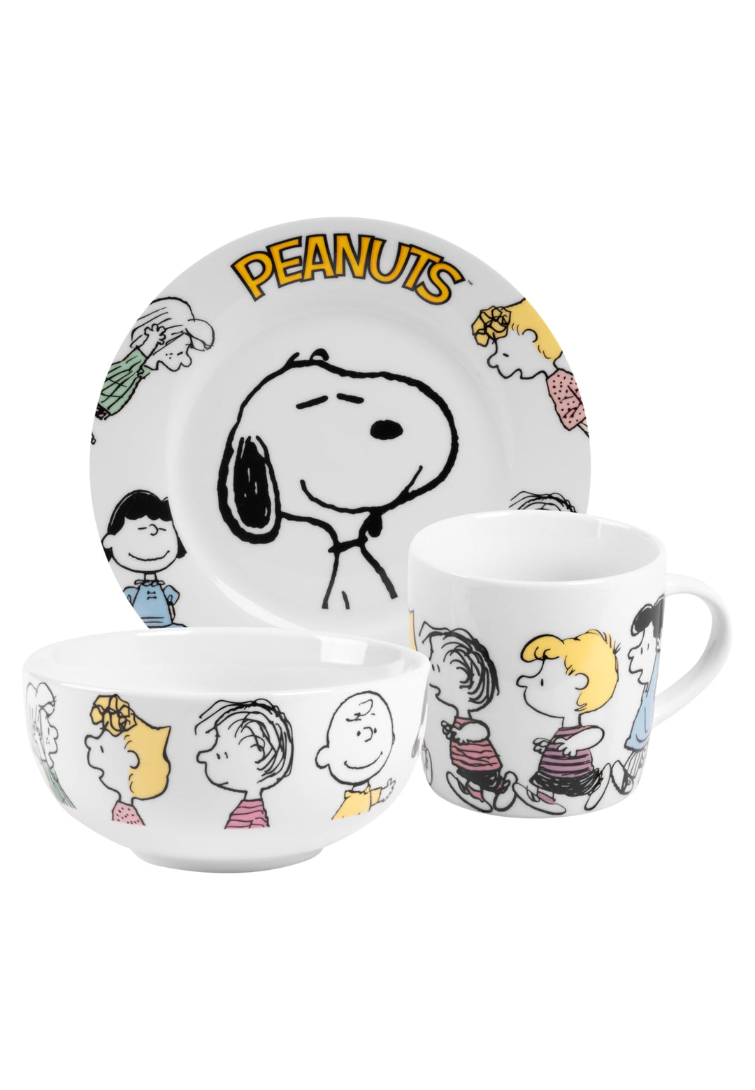 The Peanuts Frühstücksset Snoopy - Family - Geschirr Set 3-teilig Teller, Schale &amp; Tasse aus Porzell