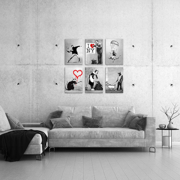 Novart Wandbilder Set Banksy Collage - KOMPLETT AUFHÄNGFERTIG - Made in Germany - Moderne Bilder Woh