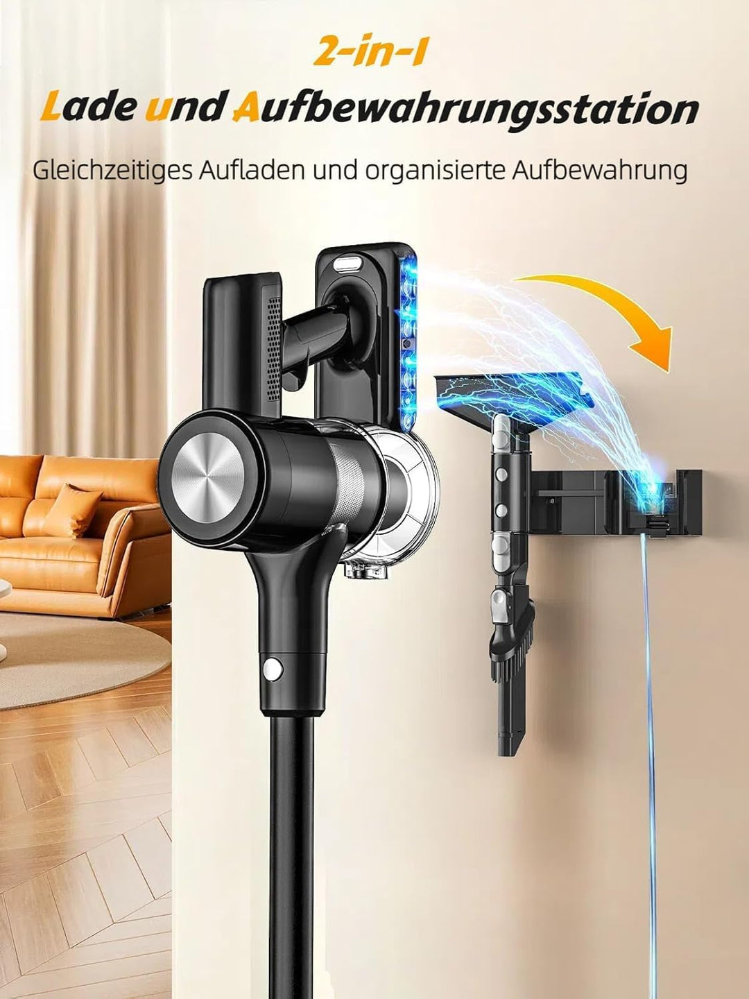 Akku Staubsauger 48KPa/500W/55Mins, Staubsauger Kabellos mit Wandmontierte Ladestation, Selbststehen