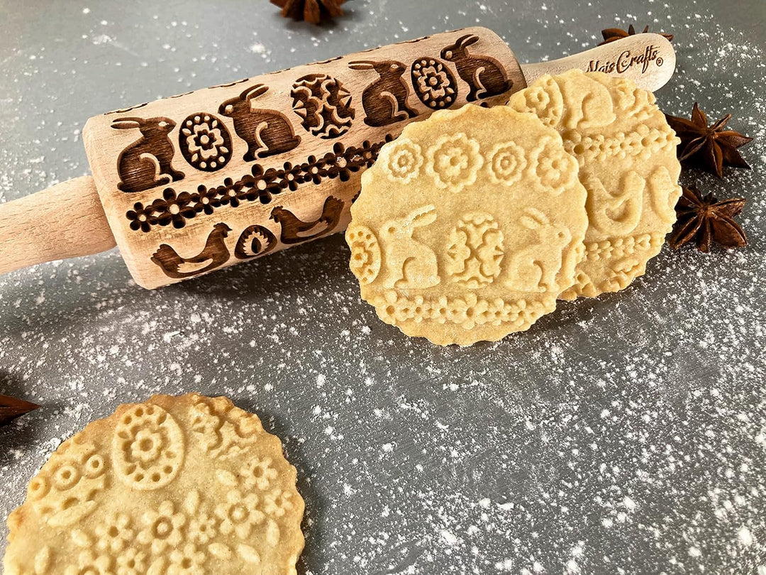 OSTERN 3-er SET Kinder Nudelhölzer Teigrolle für hausgemachtes Gebäck. Nudelholz mit muster. Gravier