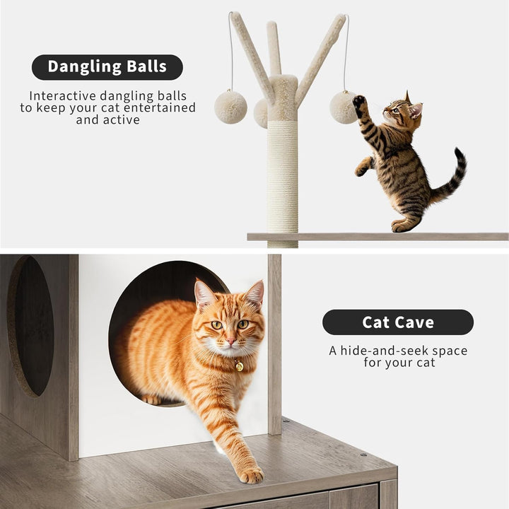 Katzenbaum Mit Katzenklo Schrank, 146 cm Hoch, Katzenhaus Aus Holz Mit Kratzbaum, HäNgeball, Katzenr