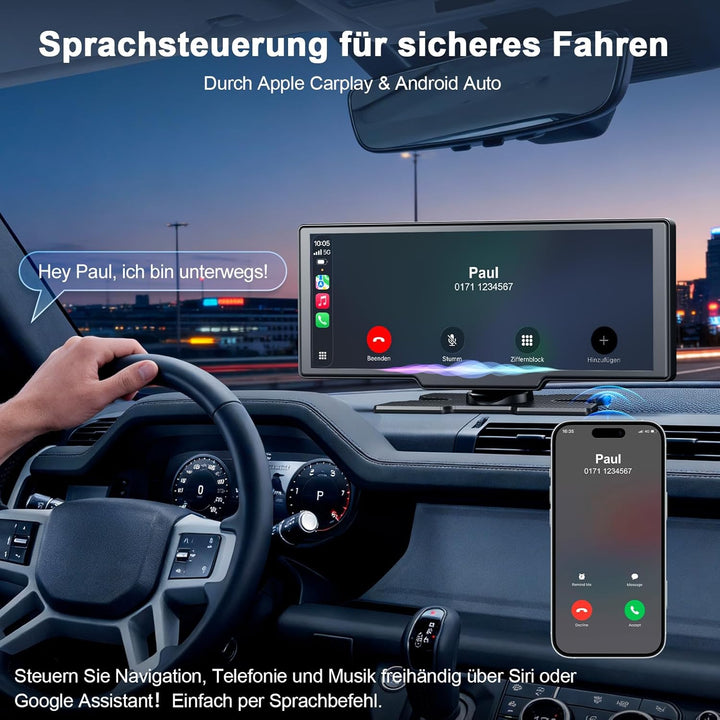 Carplay Display für Apple Car Play Android Auto 10,26 Zoll Tragbares Wireless CarPlay mit 1080P Rück