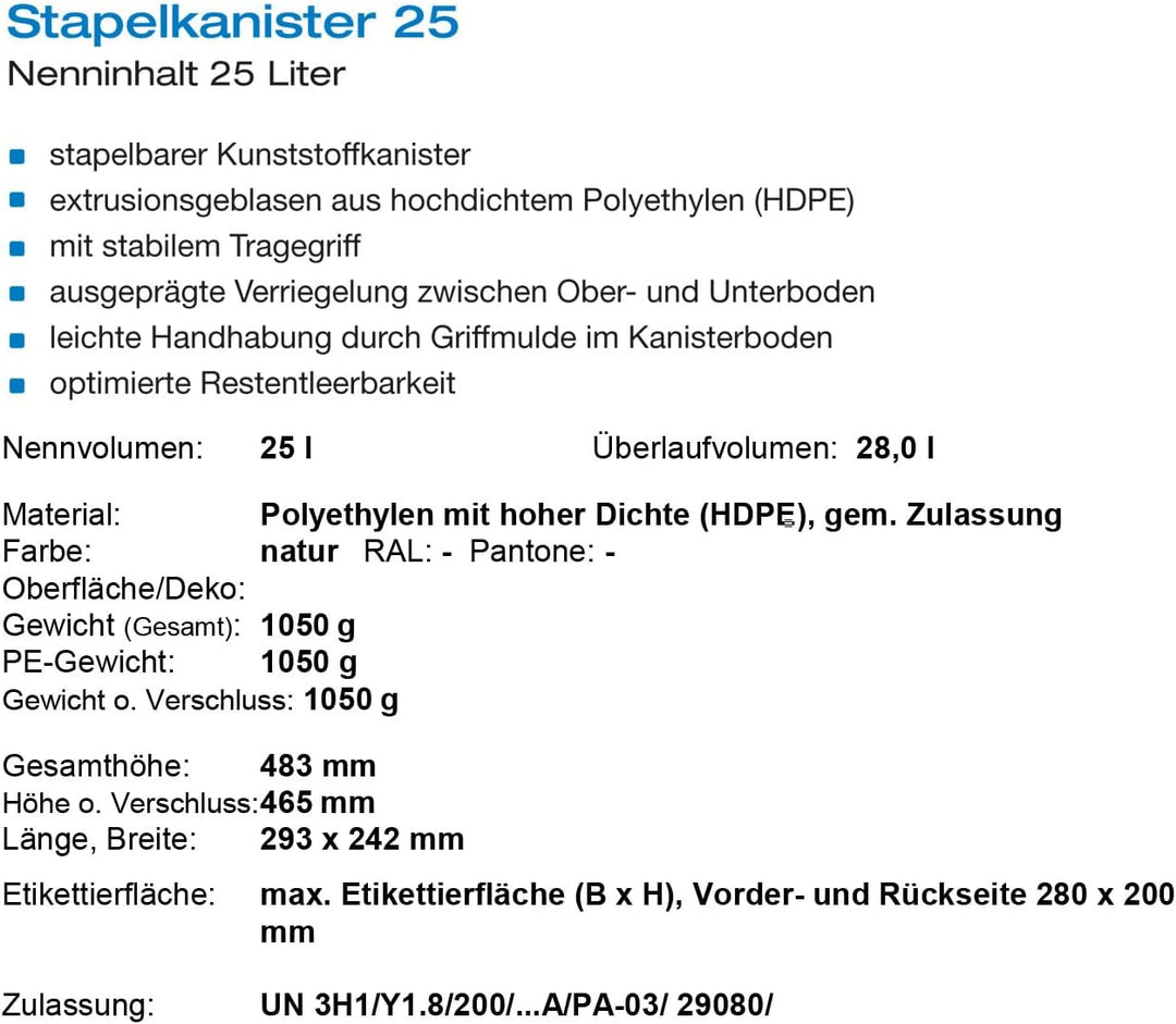 plasteo 25 Liter Getränke- und Wasserkanister DIN 61 | Lebensmittelecht BPA frei UN-Zugelassen | Hau