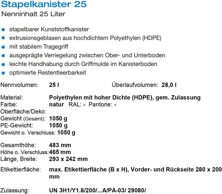 plasteo 25 Liter Getränke- und Wasserkanister DIN 61 | Lebensmittelecht BPA frei UN-Zugelassen | Hau