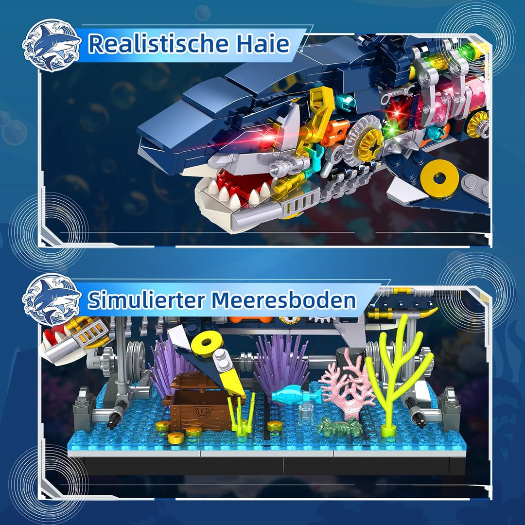 kiothdre Hai Bausatz mit Mechanische Drehbare Tier Hai Bauspielzeug, Meerestier Bausteine mit Stände