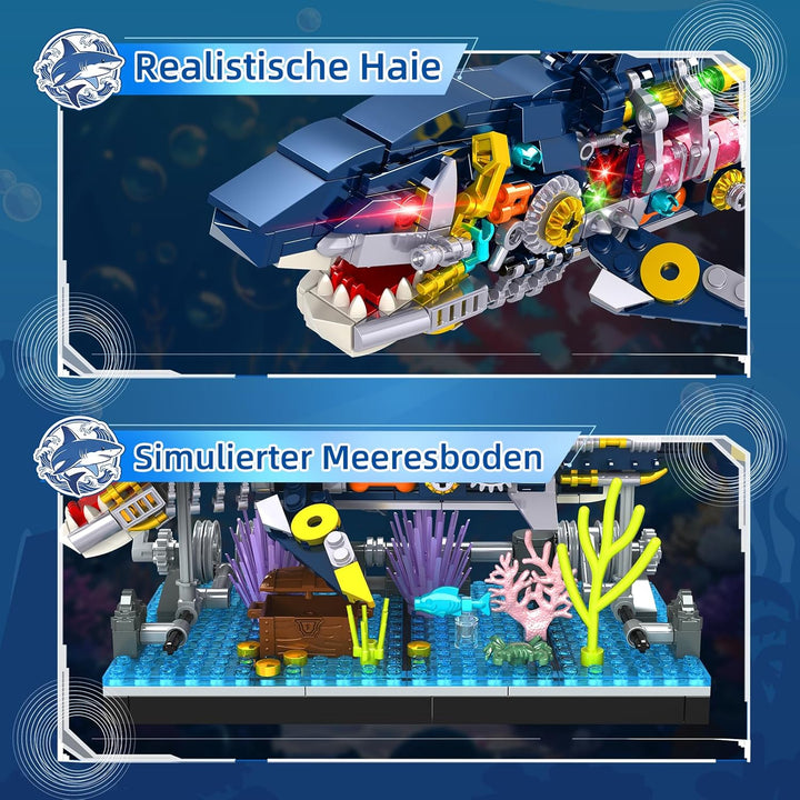kiothdre Hai Bausatz mit Mechanische Drehbare Tier Hai Bauspielzeug, Meerestier Bausteine mit Stände