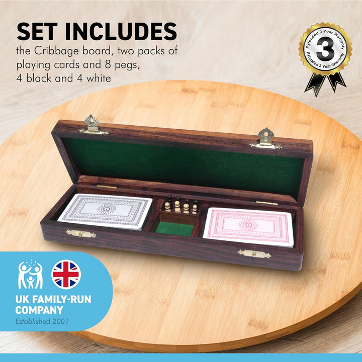 Wooden Cribbage Board with pegs and Two Packs of Playing Cards