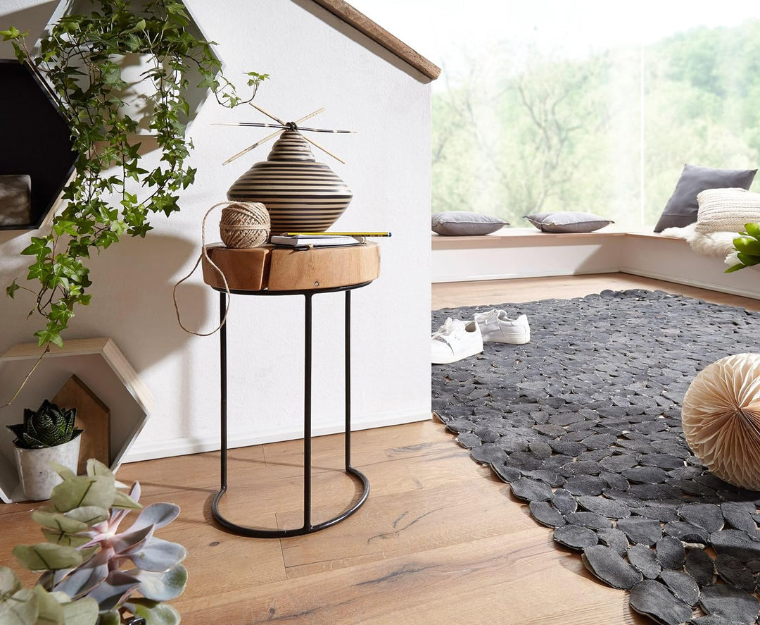 FineBuy Beistelltisch Massiv-Holz Wohnzimmer-Tisch Metallbeine Landhaus-Stil Baumstamm-Form Echt-Hol