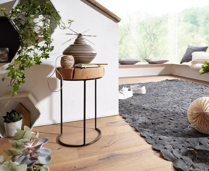 FineBuy Beistelltisch Massiv-Holz Wohnzimmer-Tisch Metallbeine Landhaus-Stil Baumstamm-Form Echt-Hol