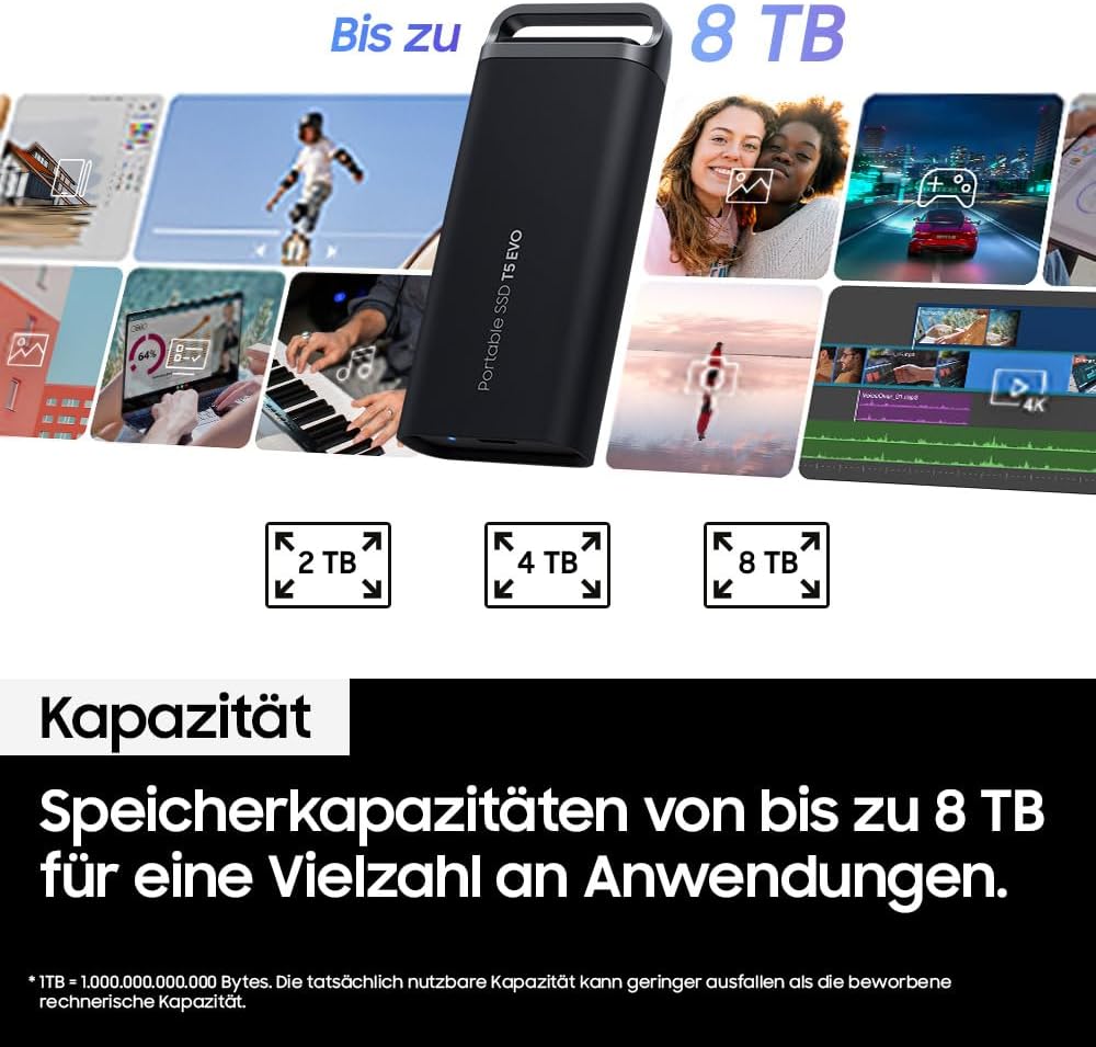Samsung Portable SSD T5 EVO, 8 TB, USB 3.2 Gen. 1, 460 MB/s Lesen, 460 MB/s Schreiben, Externe Festp