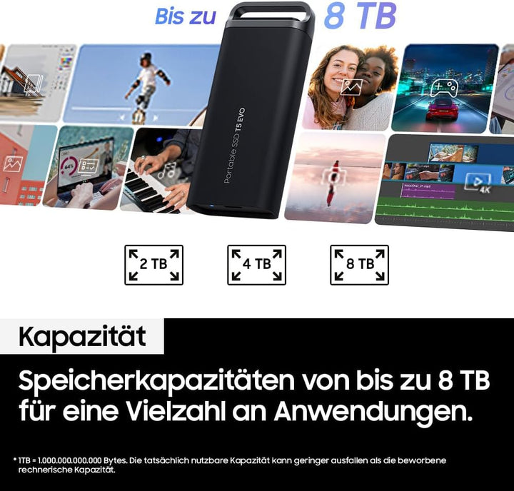 Samsung Portable SSD T5 EVO, 8 TB, USB 3.2 Gen. 1, 460 MB/s Lesen, 460 MB/s Schreiben, Externe Festp