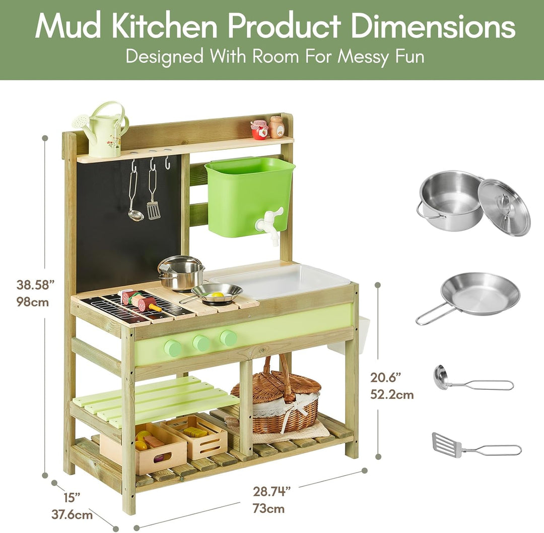Matschküche Kinder Outdoor Holz Mud Kitchen Spielküche, Aussenküche für Kinder mit 10 Spielzubehör,