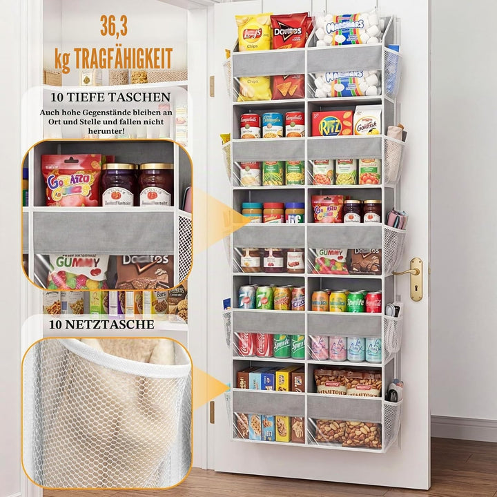 Tür-Organizer, 5-stöckig, extra gross, hinter der Tür, mit 10 grossen Front- und 10 Netztaschen, 36,