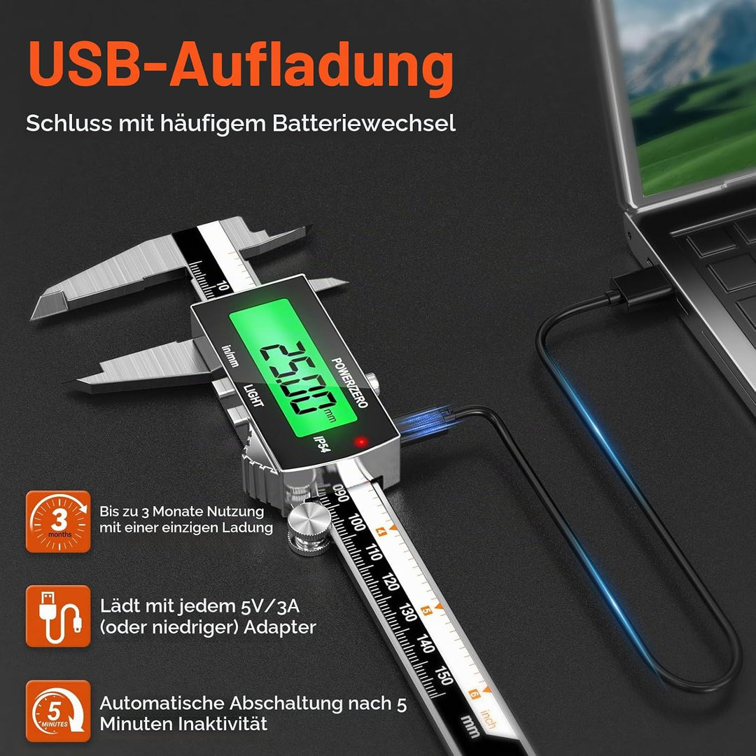 Digitaler Messschieber (wiederaufladbar), Preciva 150 mm Schieblehre Digital Edelstahl, elektronisch