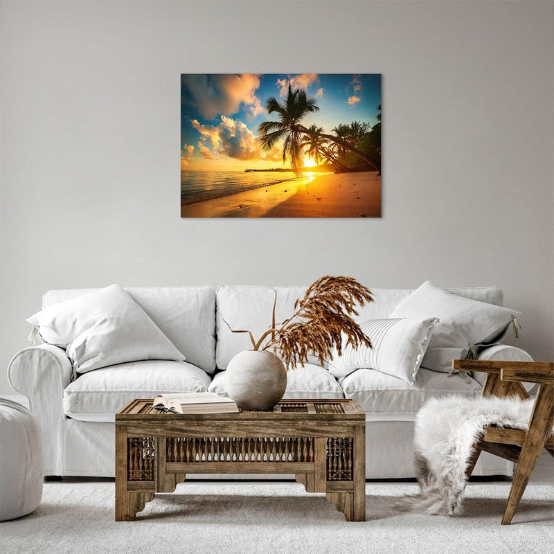 Bilder auf Leinwand Meer Strand Palme Leinwandbild mit Rahmen 70x50cm Wandbilder Dekoration Wohnzimm