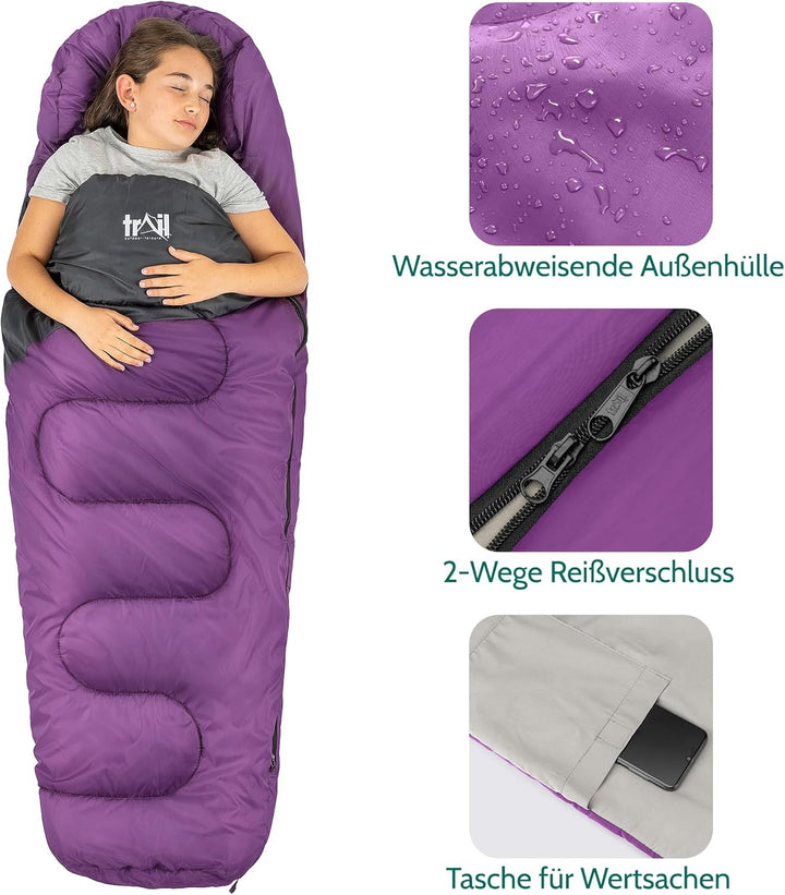 Trail Schlafsack Kinder Mumienschlafsack als Schlafsack 3 Jahreszeiten für Camping – 300gsm – für Ju