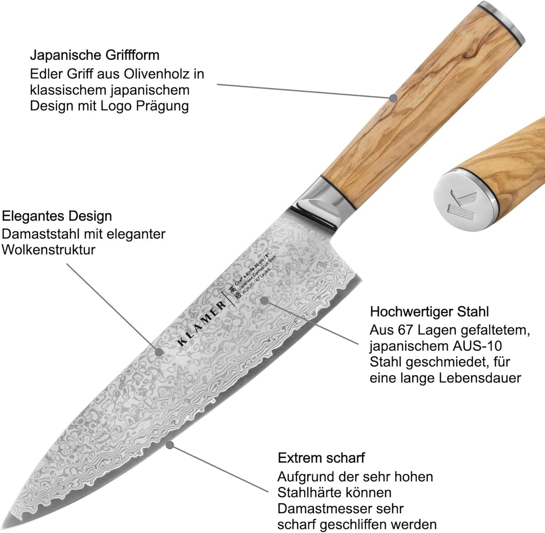 KLAMER Damast Chefmesser 20cm, extra scharfes Küchenmesser, echter japanischer Damaststahl, Fleischm