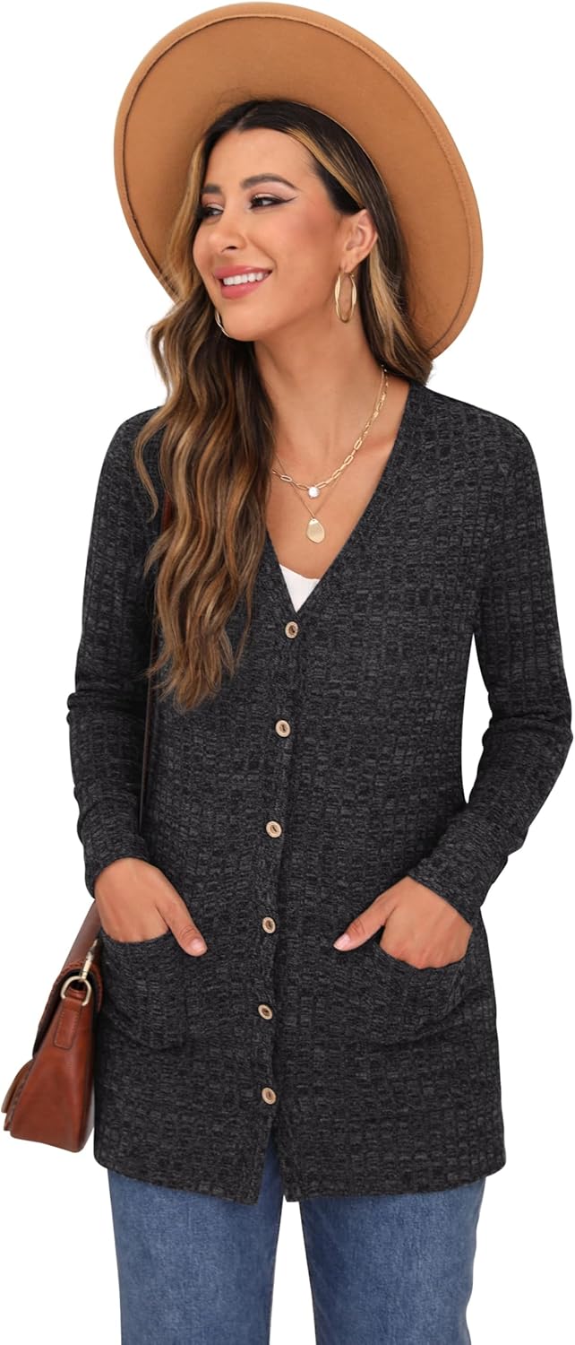 GRECERELLE Damen Leichte Strickjacke Lang mit Taschen und Knöpfen Long Elegant Cardigan V-Ausschnitt
