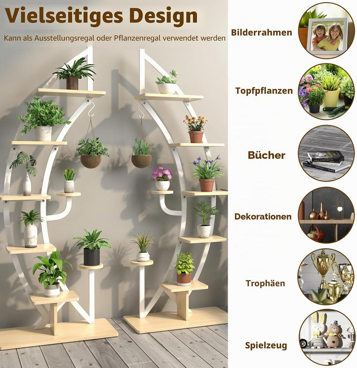 HOMASIS 6 Ebenen Blumenständer aus Metall, Pflanzenregal mit 7 Ablagen &amp; 1 Haken, elegante Halbmondf
