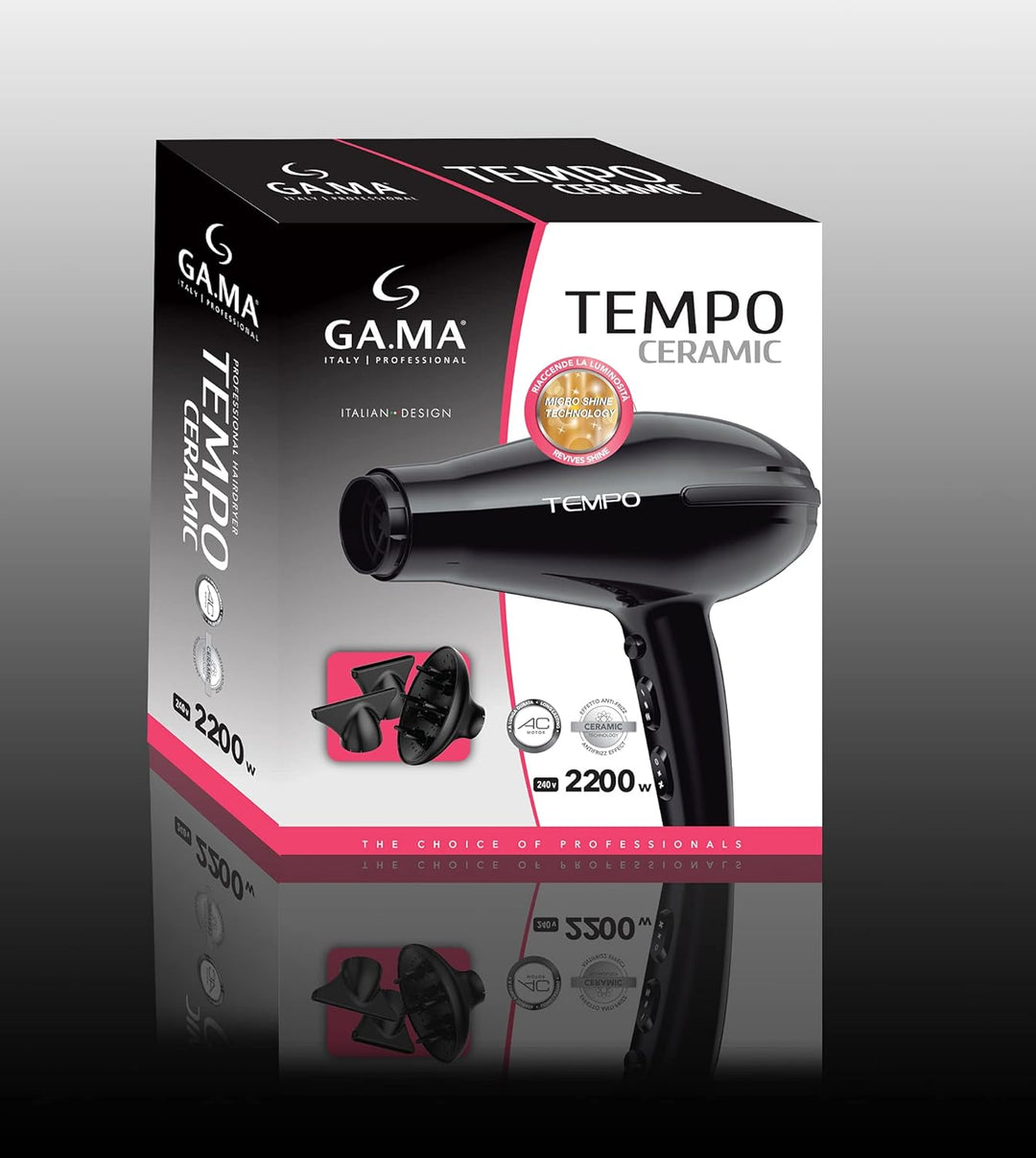 Gama Italy Professional Phon Tempo Ceramic Ion - 2200 W Leistung, Langlebiger AC-Motor, Ionen-Techno