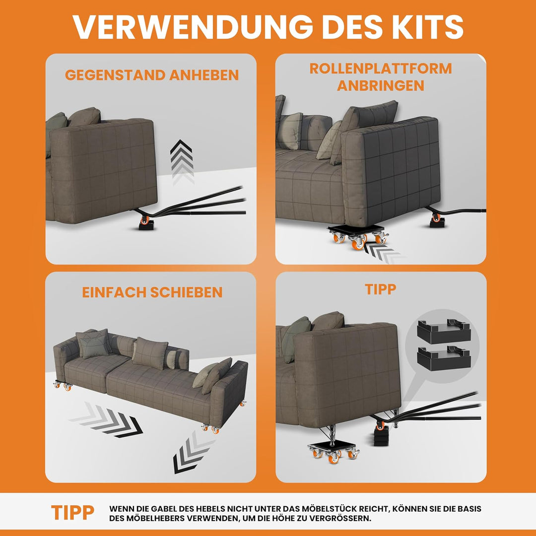 Transportroller Set 600kg mit Möbelheber für schwere Möbel &amp; Umzug