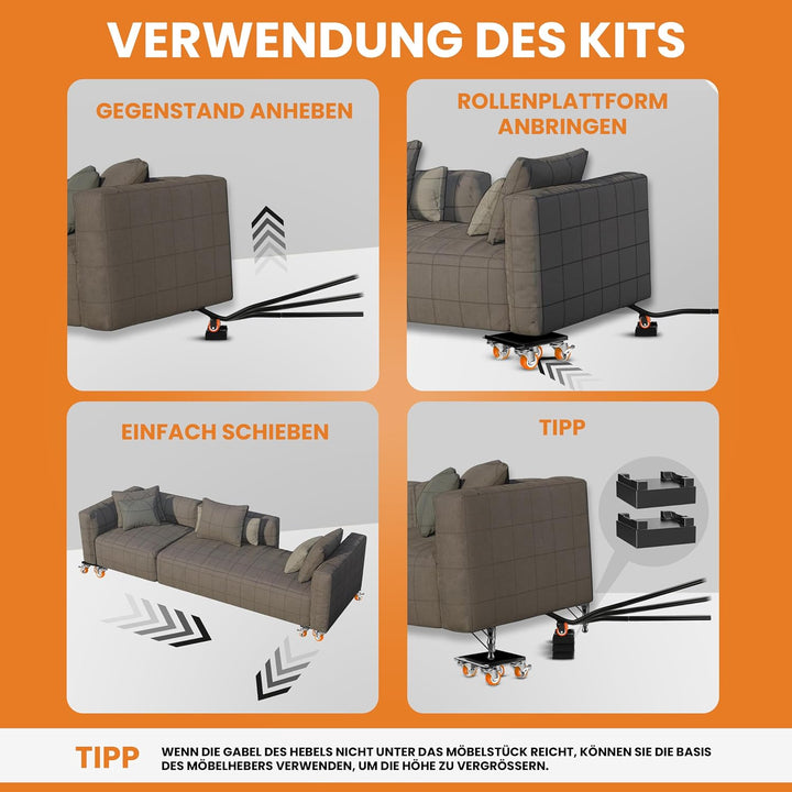 Transportroller Set 600kg mit Möbelheber für schwere Möbel &amp; Umzug