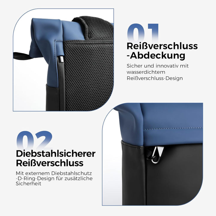 Wasserdicht Rucksack, Laptop Rolltop Rucksack für Herren & Damen Mit Diebstahlsichere Reissverschlus