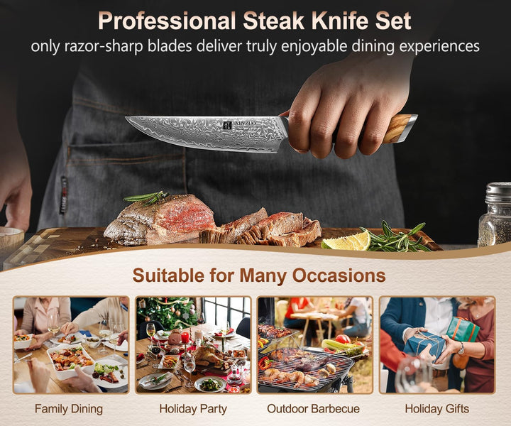 XINZUO Damaststahl 4-Teilig Steakmesser Set, 13.1cm Besteckmesser, für 4 Personen, Damastpulverstahl