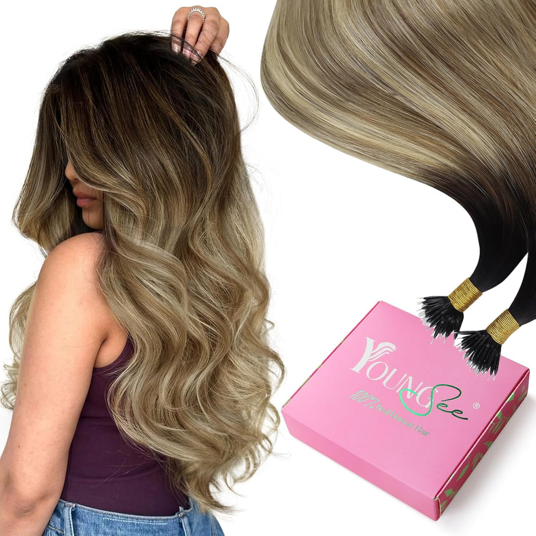 YoungSee Nanoring Extensions Balayage Nanoring Extensions Echthaar 1g Braun Balayage Blond Nanoring