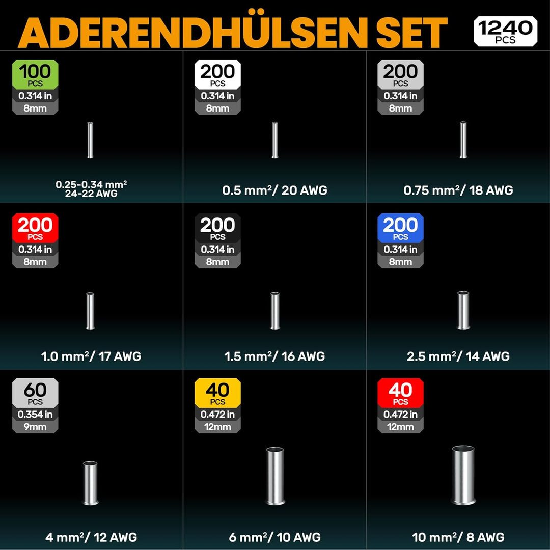 Crimpzangen Aderendhülsen Set, 9 Arten unisolierte Aderendhülsen - Premium Aderendhülsenzange 0,25-1