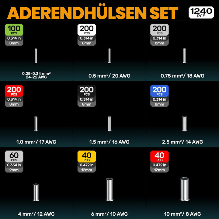 Crimpzangen Aderendhülsen Set, 9 Arten unisolierte Aderendhülsen - Premium Aderendhülsenzange 0,25-1