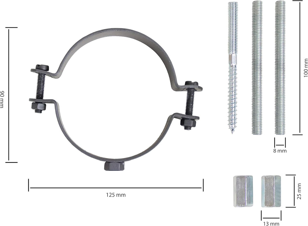 LANZZAS Pelletrohr Halter/Schellen-Set für den Durchmesser 80 mm - Farbe: schwarz - mit Schrauben un