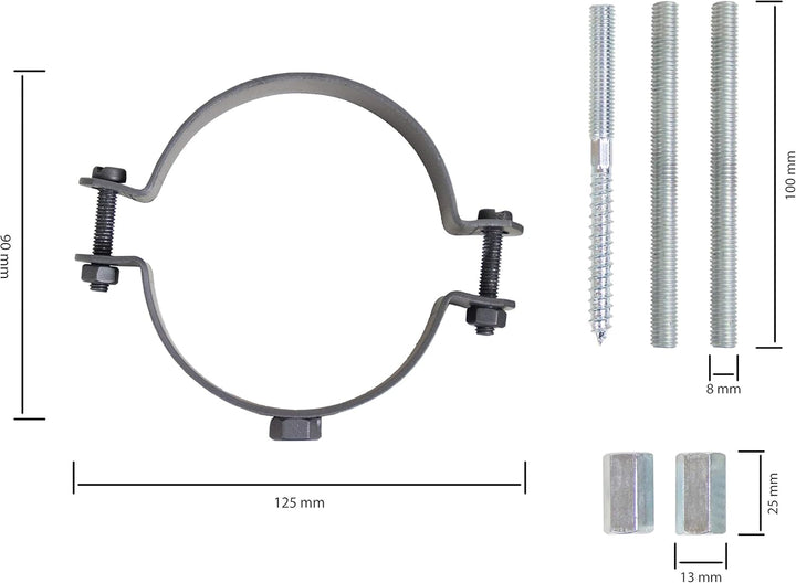 LANZZAS Pelletrohr Halter/Schellen-Set für den Durchmesser 80 mm - Farbe: schwarz - mit Schrauben un