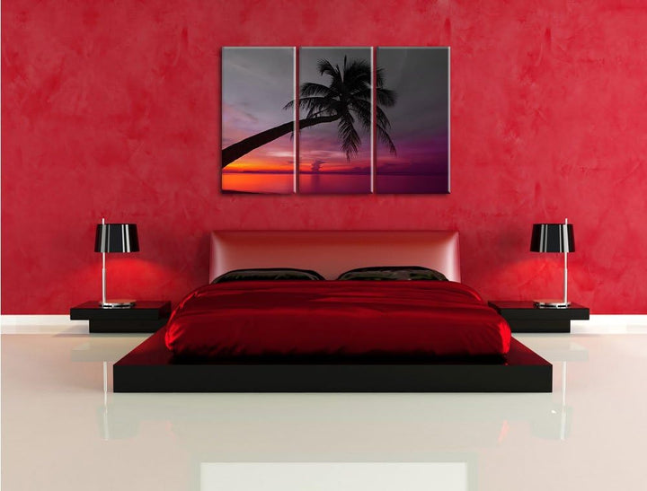 Pixxprint Palme am Meer mit Sonnenuntergang als Leinwandbild/Grösse: 3 Teilig (120x80) cm/Wandbild/K