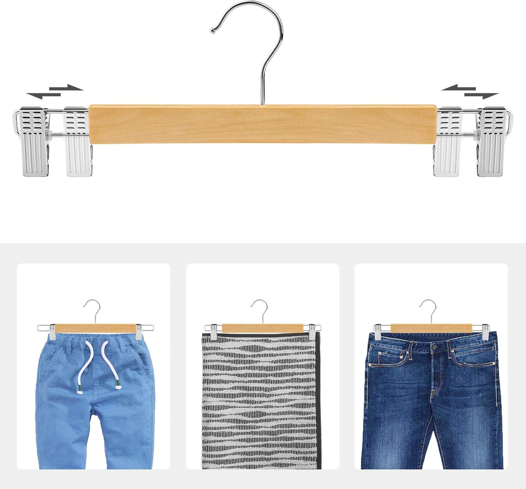 SONGMICS Hosenbügel Holz, 24er Set, Rockbügel aus Holz, mit verstellbaren Clips, rutschfest, für Hos