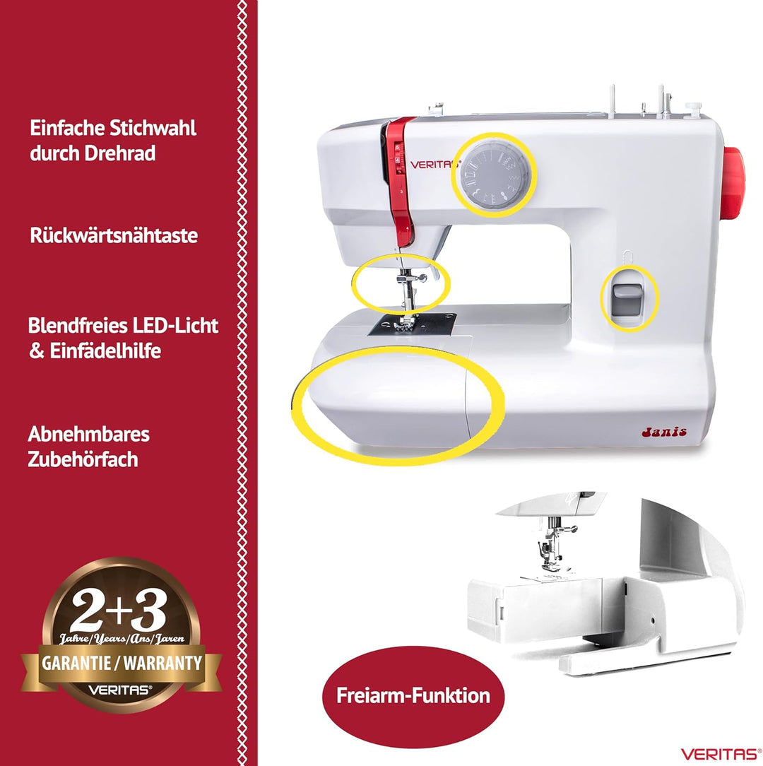 VERITAS Nähmaschine Janis I 9 Stichprogramme I Auto-Fadenspannung & Fadenabschneider I LED-Nählicht
