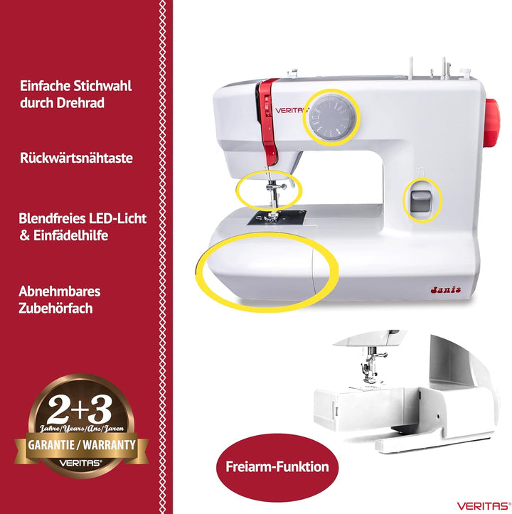VERITAS Nähmaschine Janis I 9 Stichprogramme I Auto-Fadenspannung & Fadenabschneider I LED-Nählicht