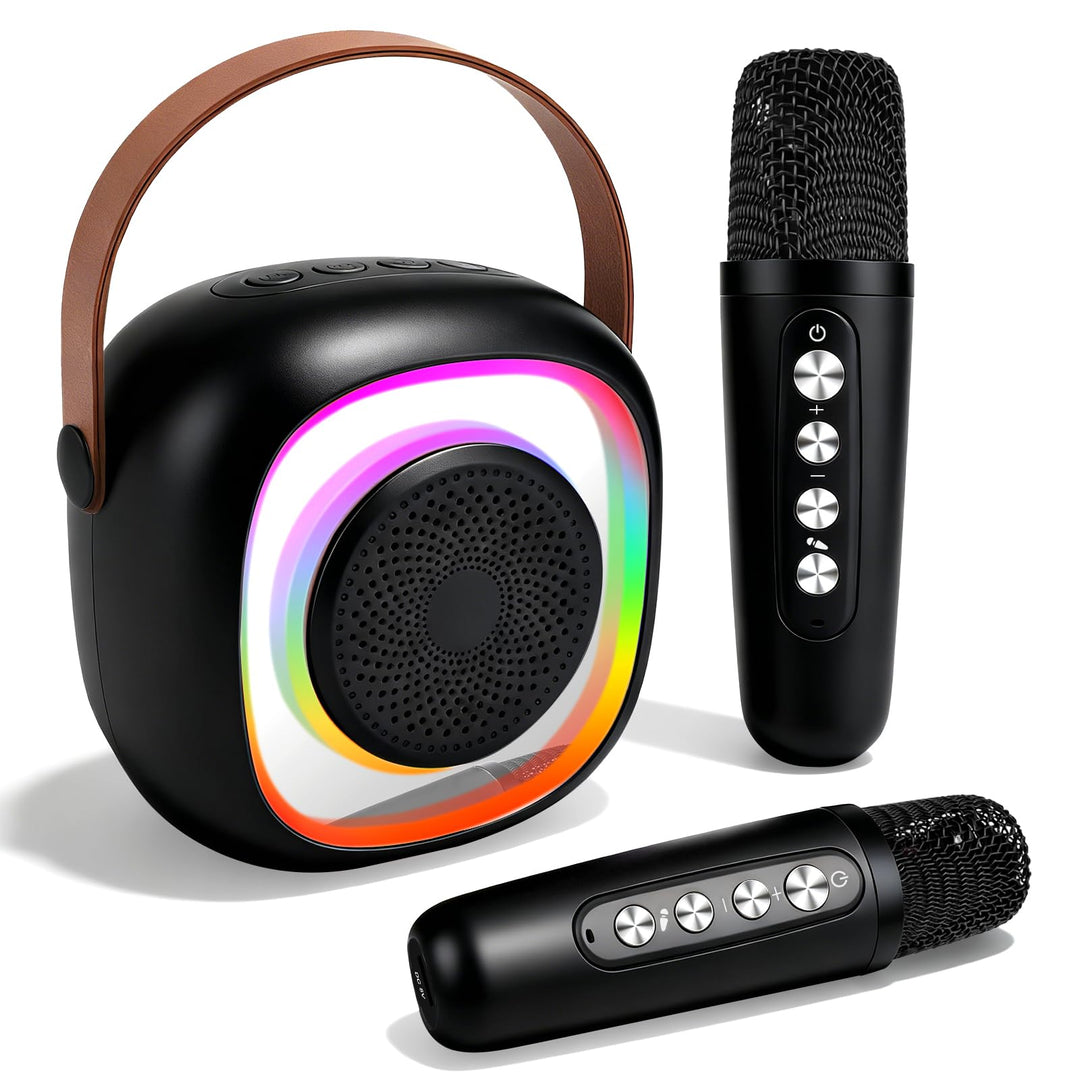 Karaoke Maschine für Kinder Erwachsene, Bluetooth Karaoke Lautsprecher mit 2 Kabellosen Mikrofon, Mi